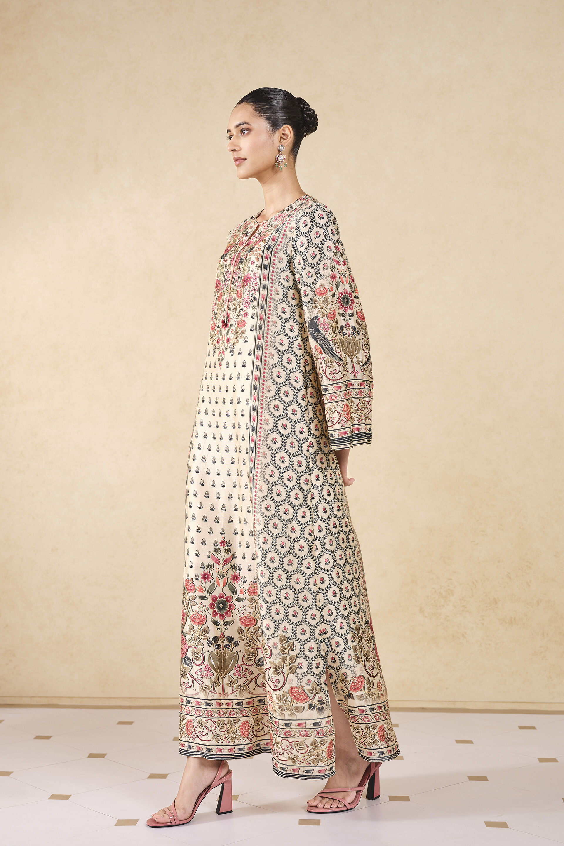 Elia Printed Silk Kaftan - Ivory, Ivory, image 3