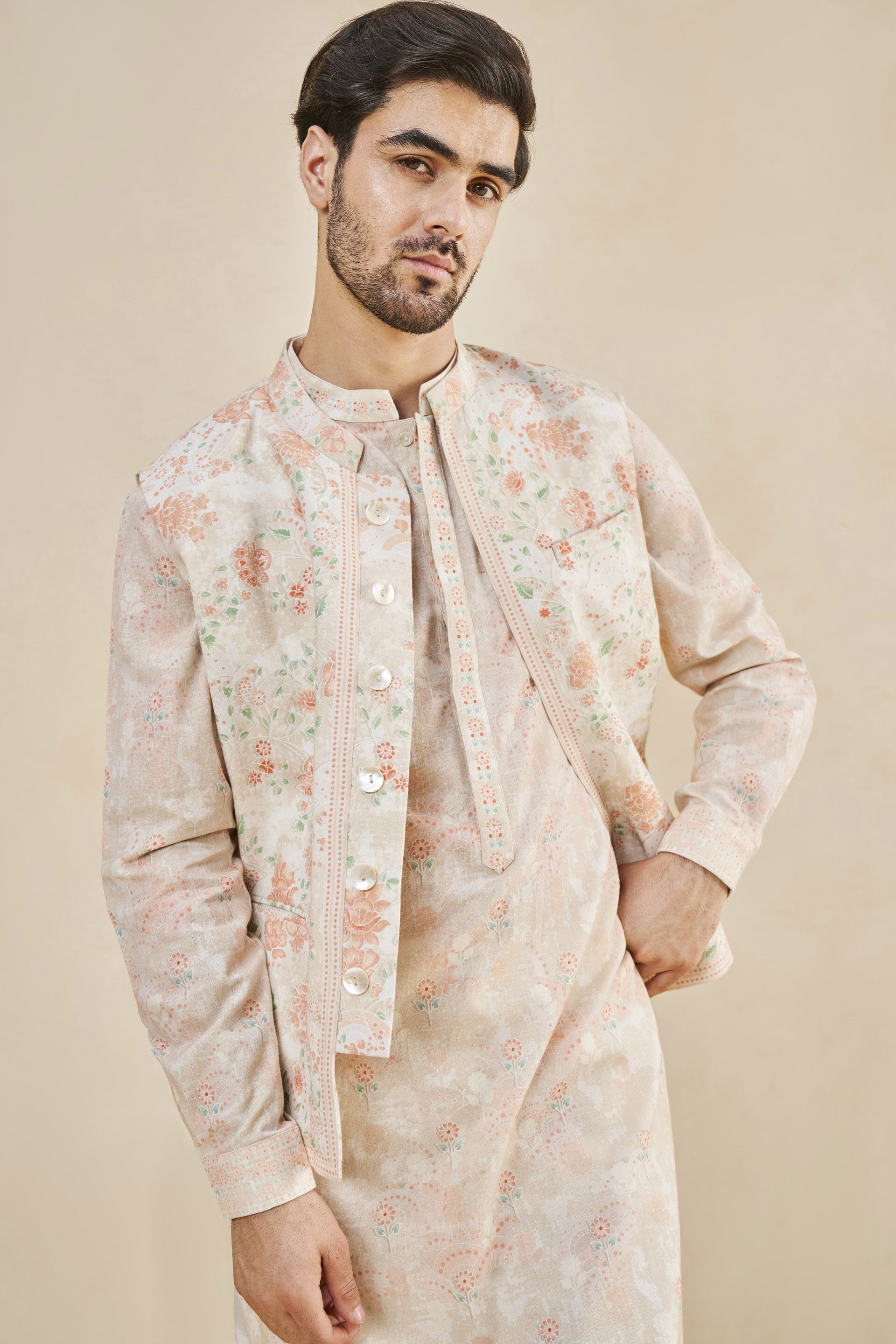 Mizan Nehru Jacket - Peach, Peach, image 6