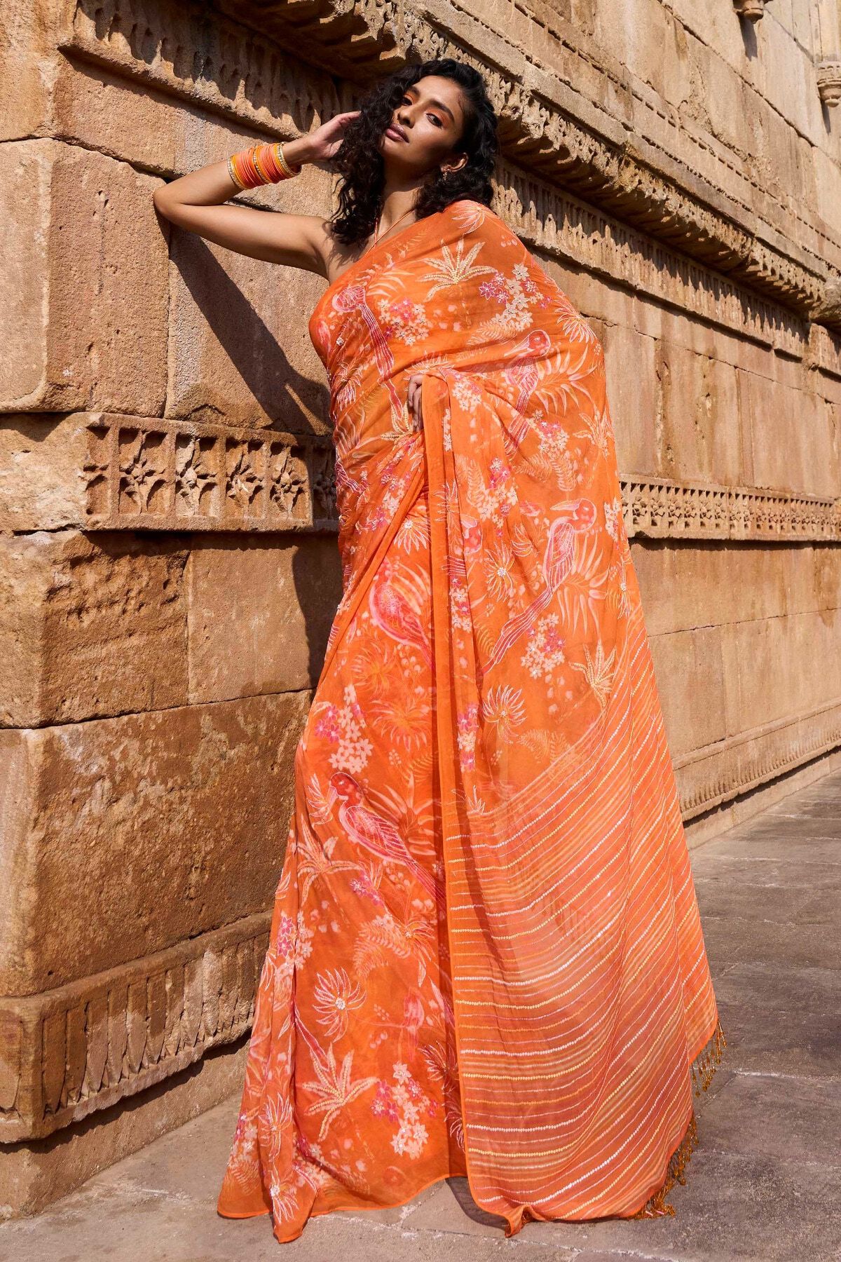 Magic Magpies Saree Set - Orange, Orange, image 1