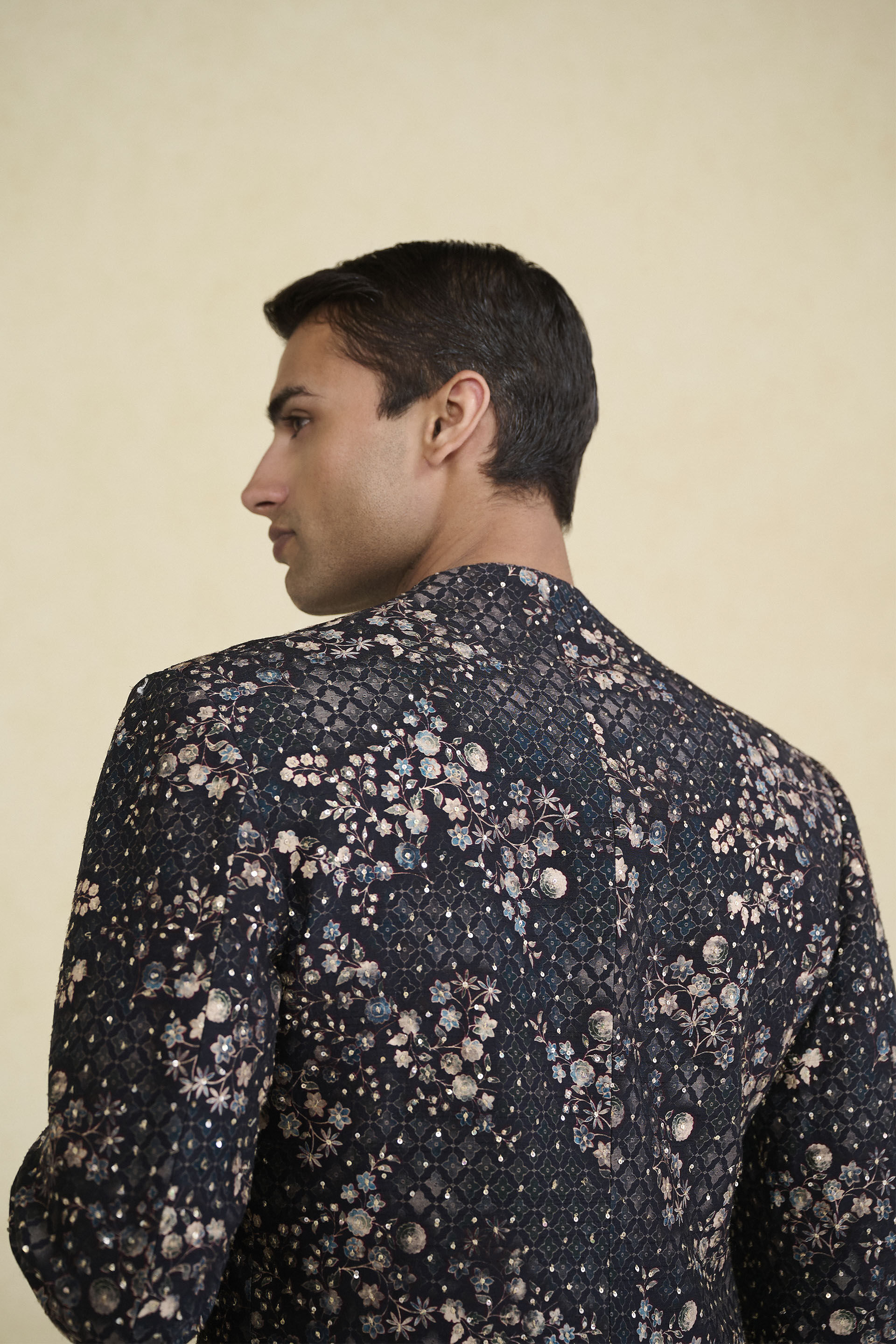 Rukham Printed Silk Sherwani - Black, Black, image 10