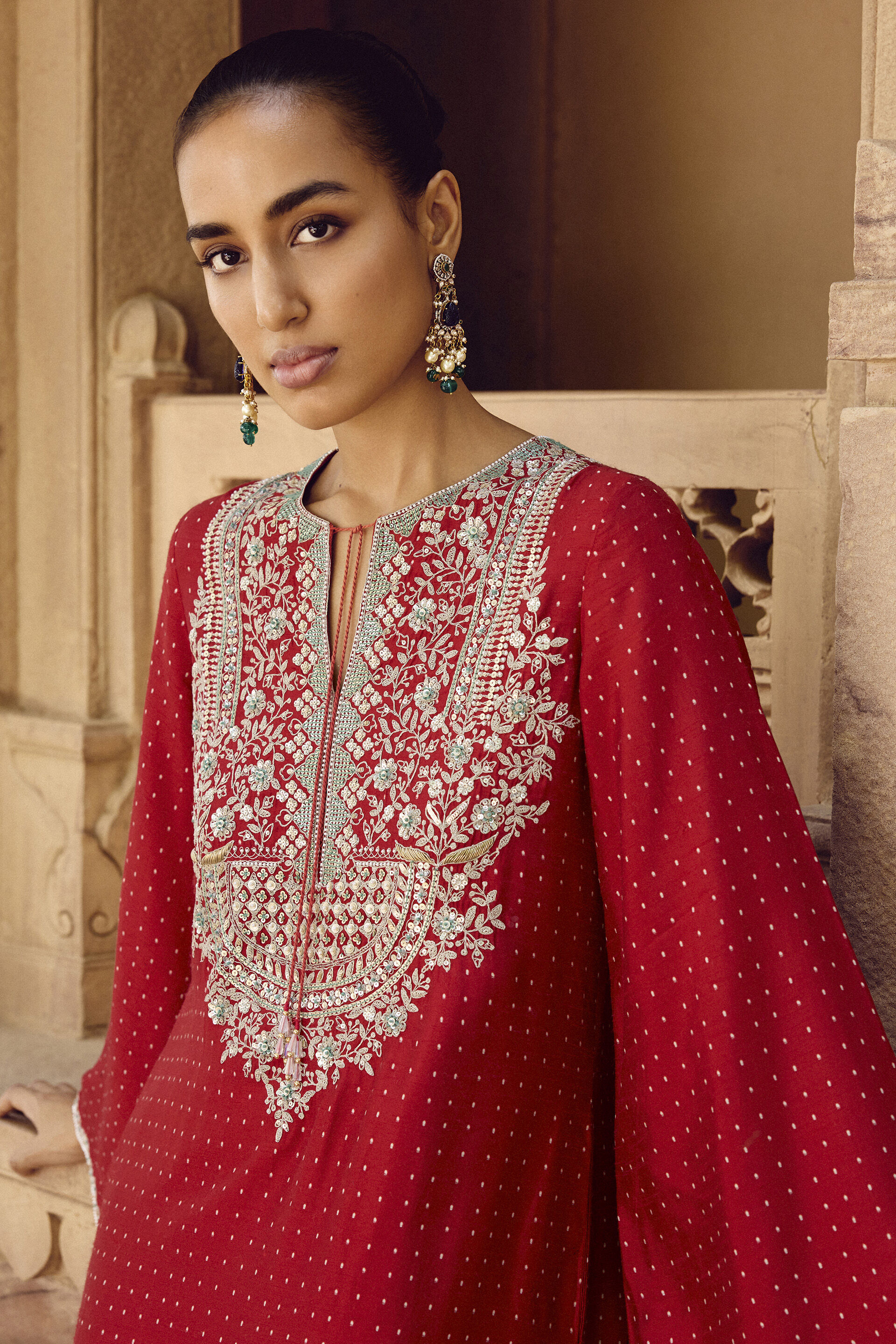 Sindhura Embroidered Silk Kaftan - Red, Red, image 5