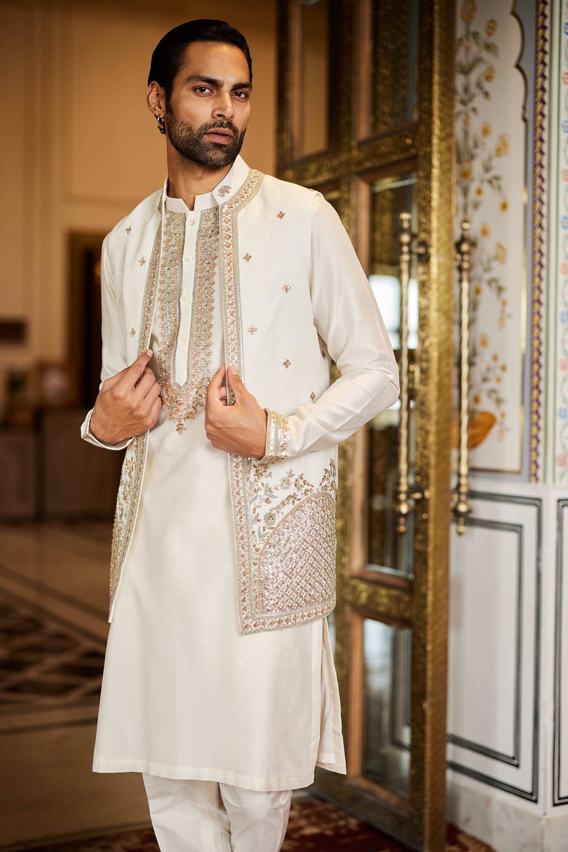 Saaket Gota Patti Silk Nehru Jacket - Ivory, Ivory, image 3