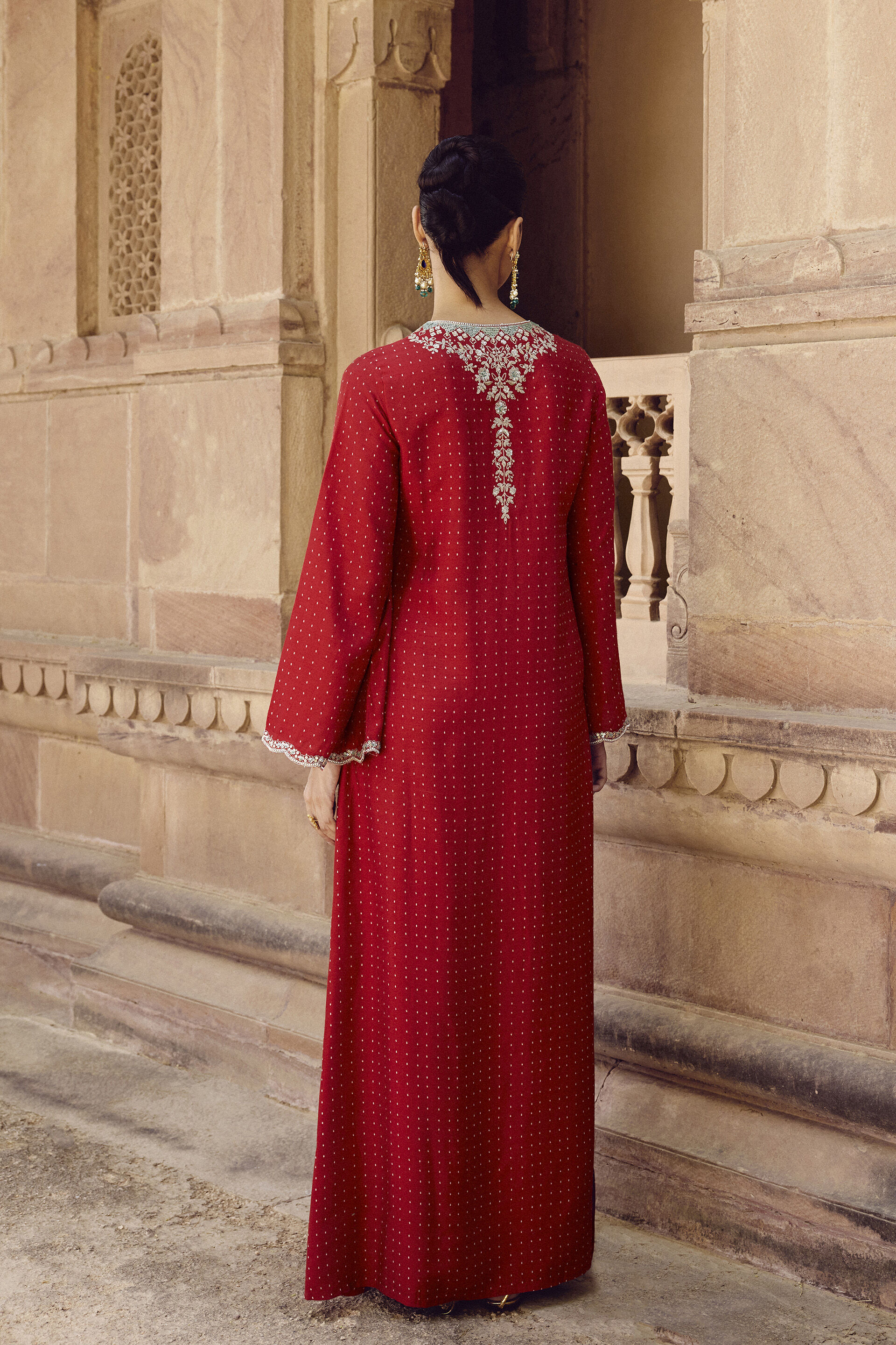 Sindhura Embroidered Silk Kaftan - Red