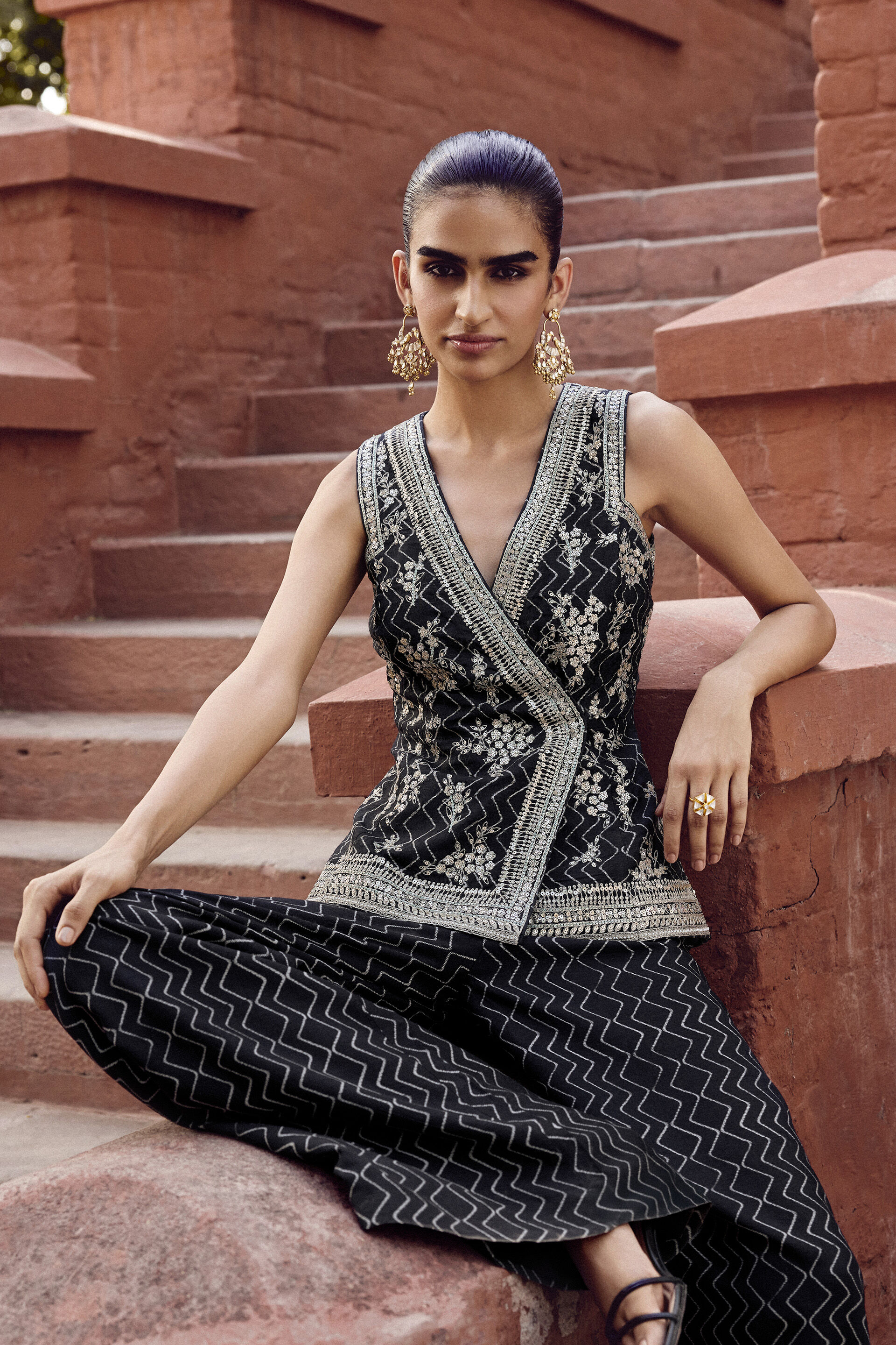 Zimad Embroidered Silk Pant Set - Black, Black, image 3