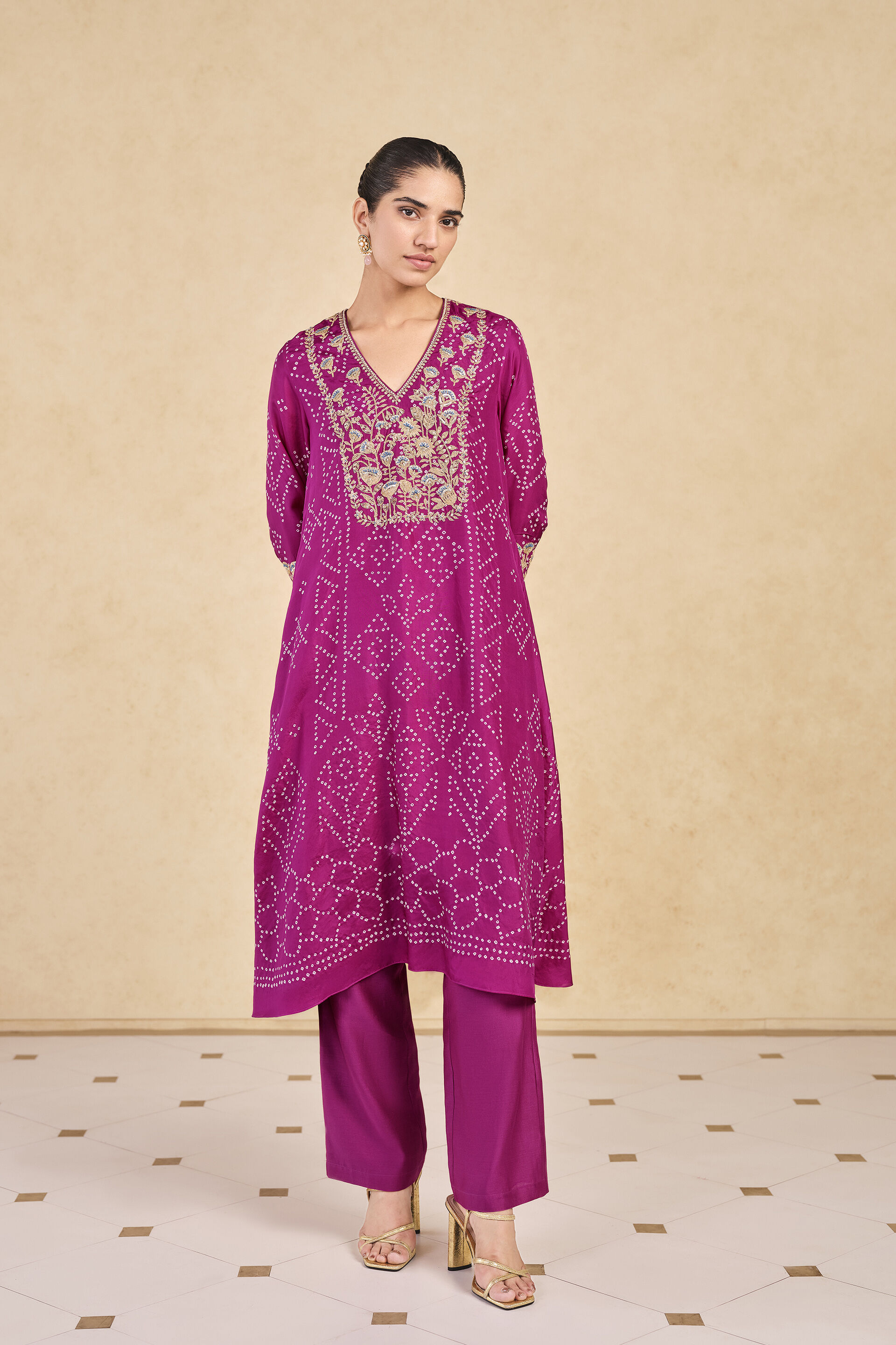 Johona&nbsp;Handcrafted Bandhani Silk Kurta Set - Purple, Purple, image 1