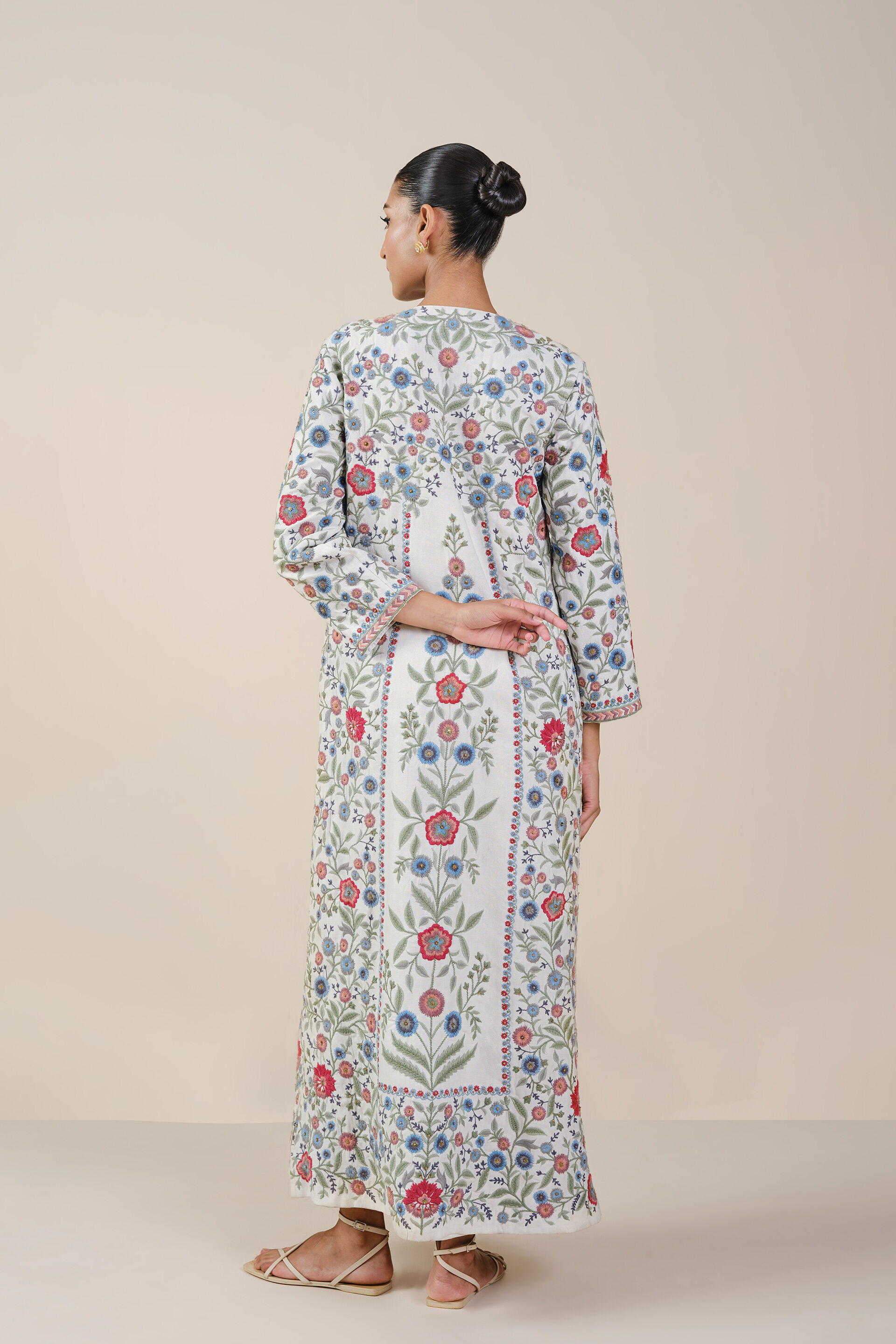 Galaxy of Flowers Embroidered Matka Silk Kaftan - White, White, image 3