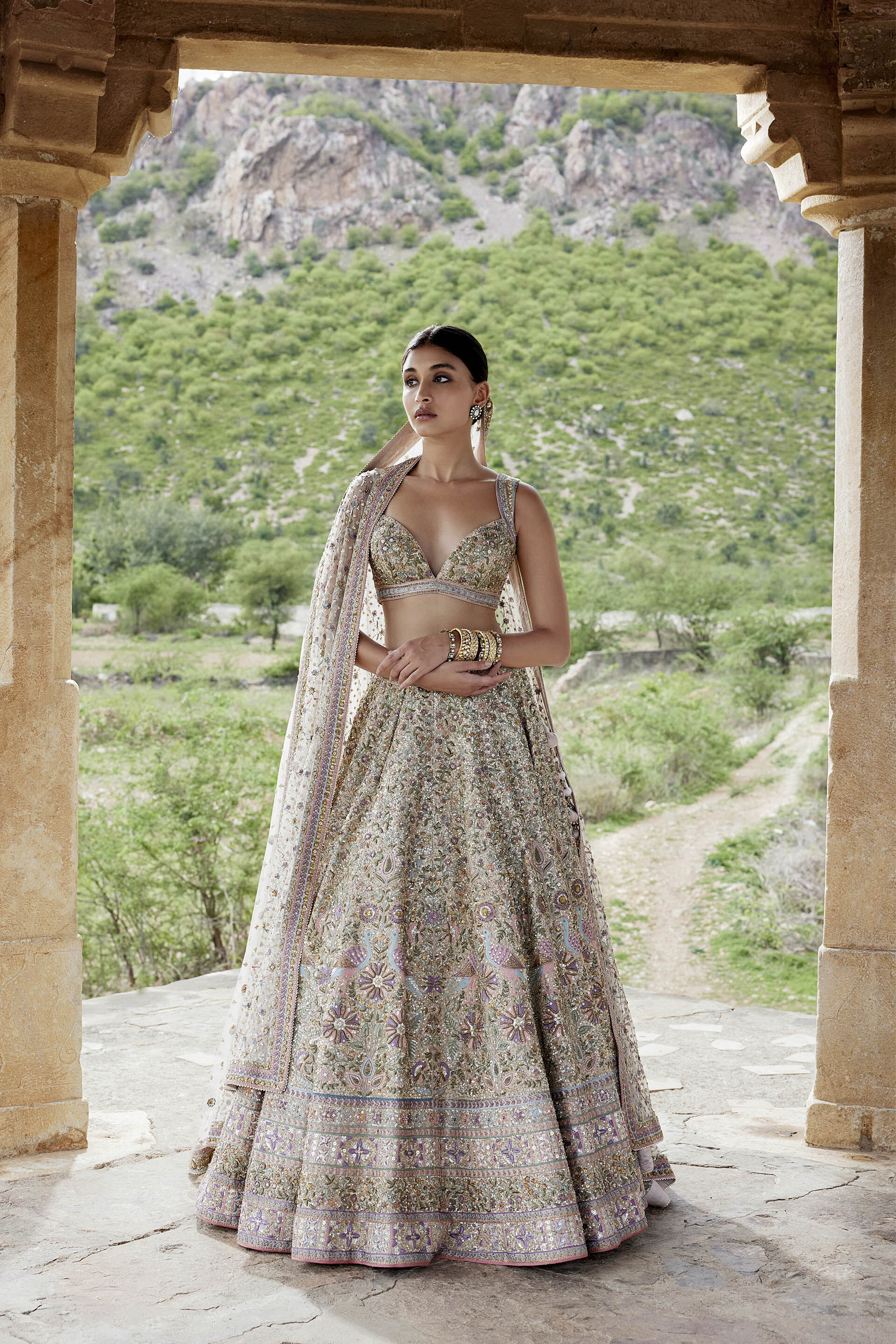 Mridhini Zardozi & Resham Silk Lehenga - Beige