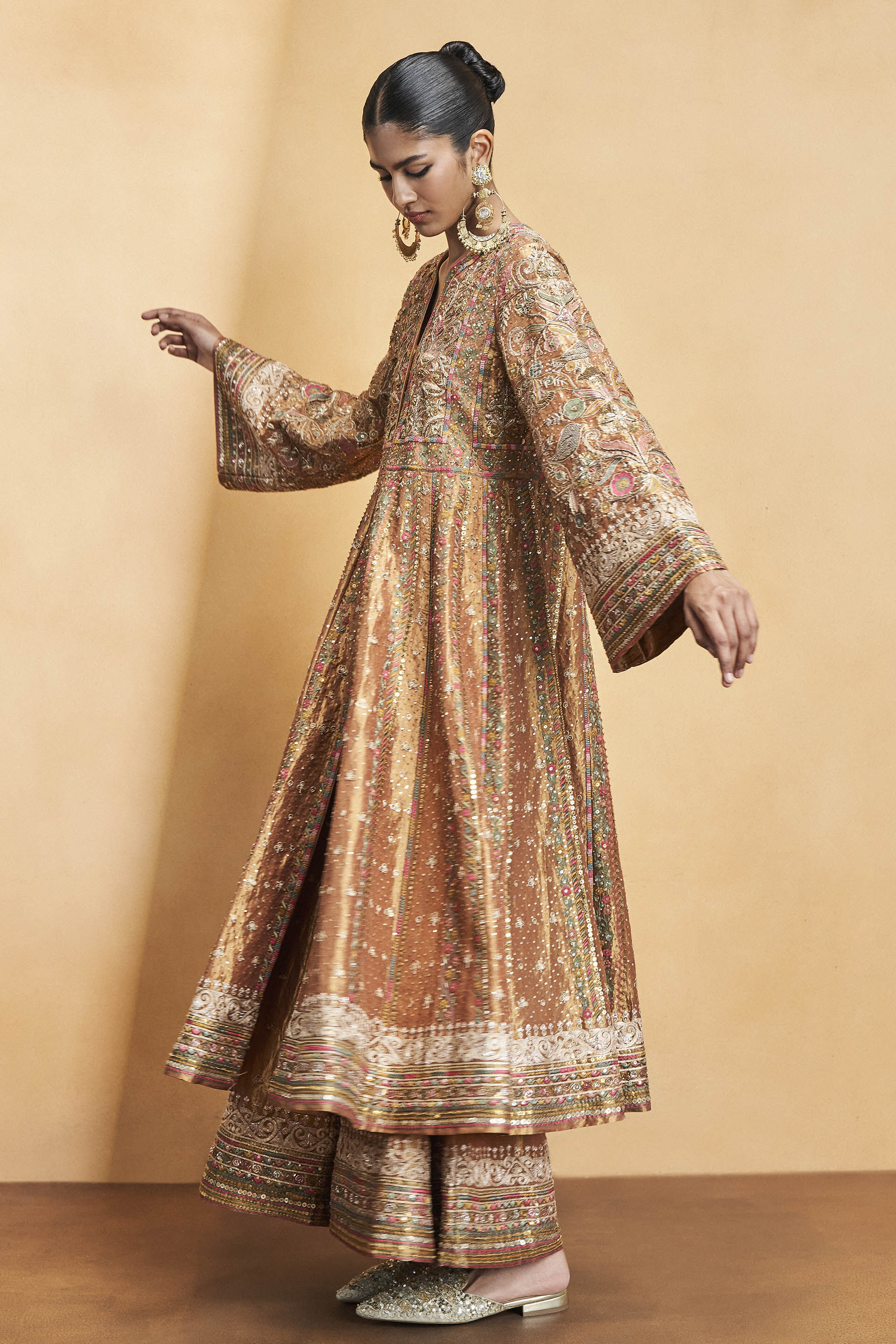 Magic Of The Gleaming Sunrays Embroidered Zardozi Sharara Set - Copper, Gold, image 6