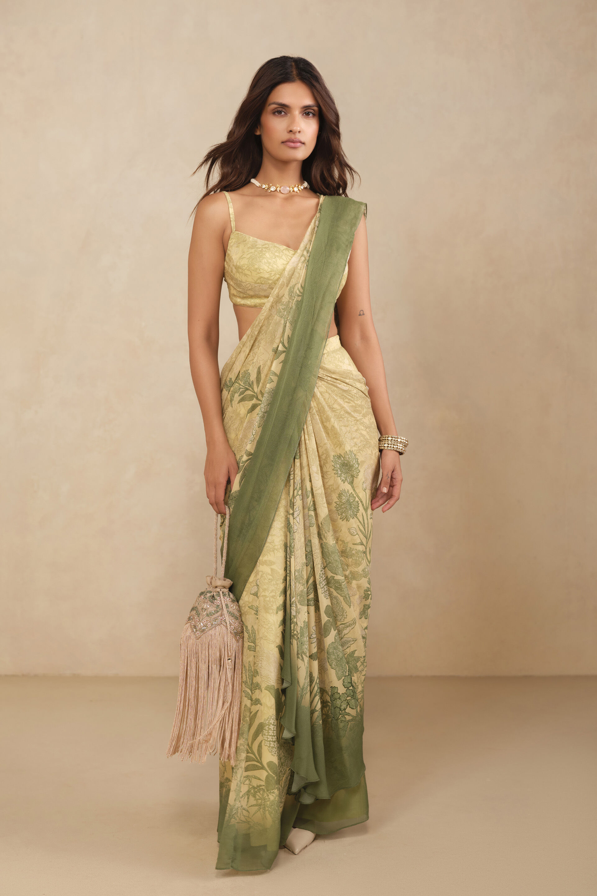 Esma Chiffon Pre-draped Saree - Yellow