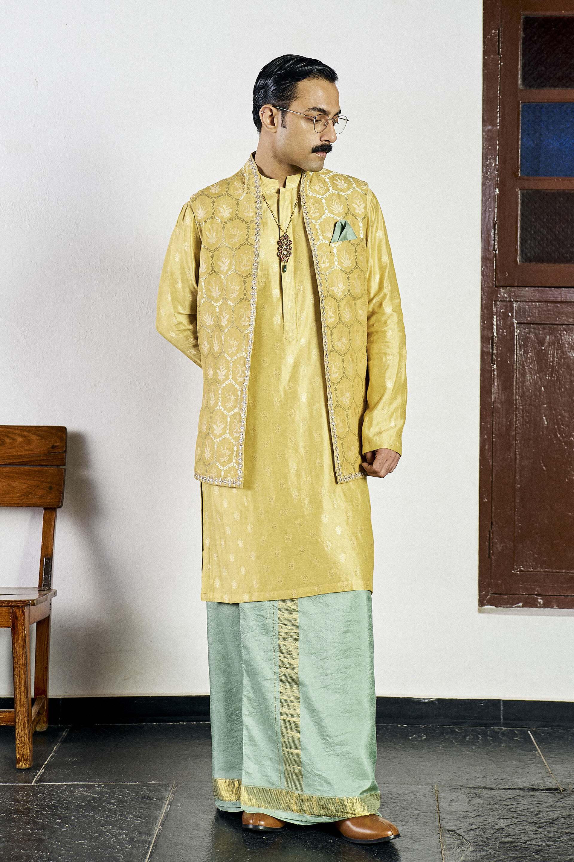 Sanam Nehru Jacket in Yellow Benarasi, Yellow, image 1