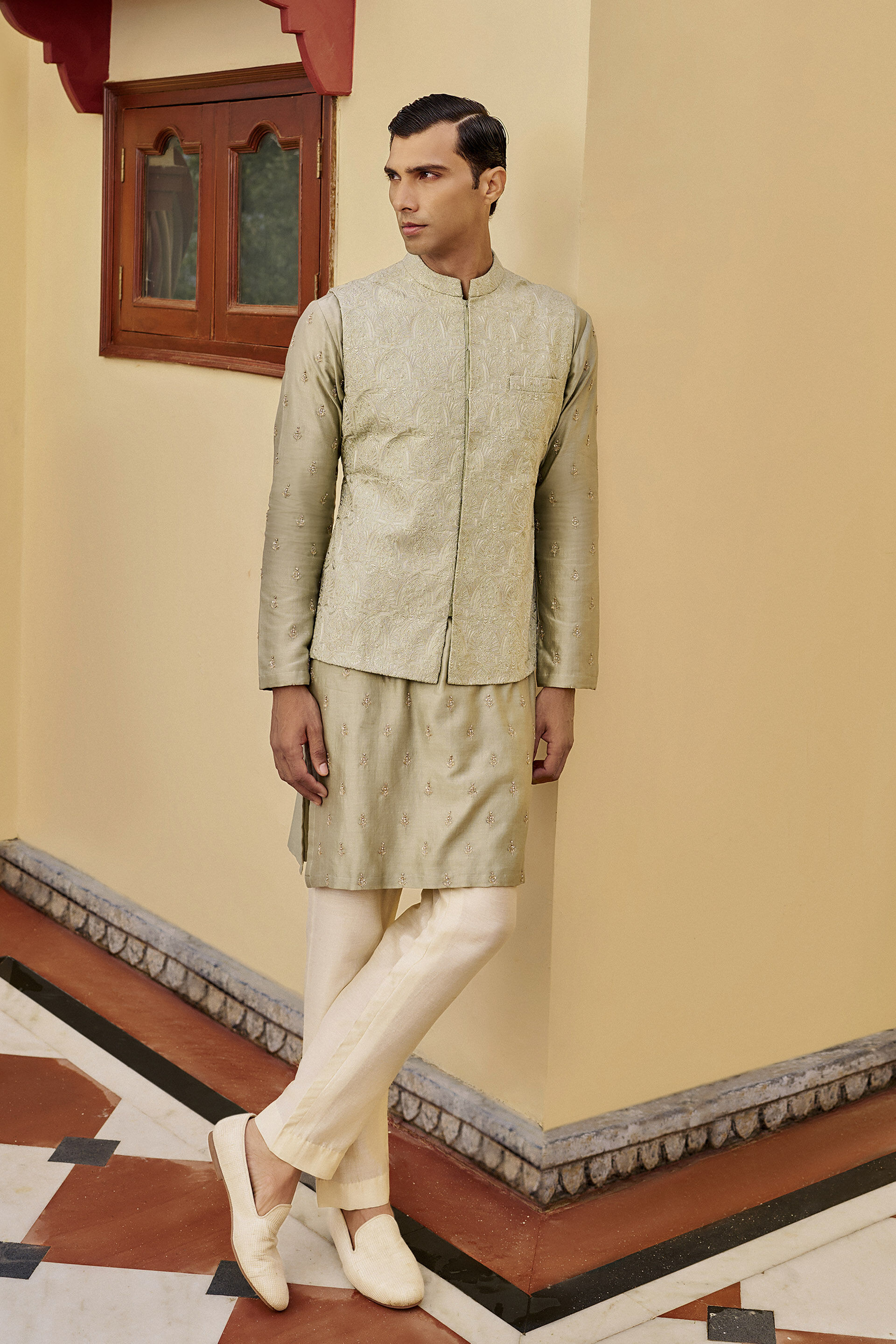 Fondness Embroidered Silk Nehru Jacket - Sage, Sage, image 1