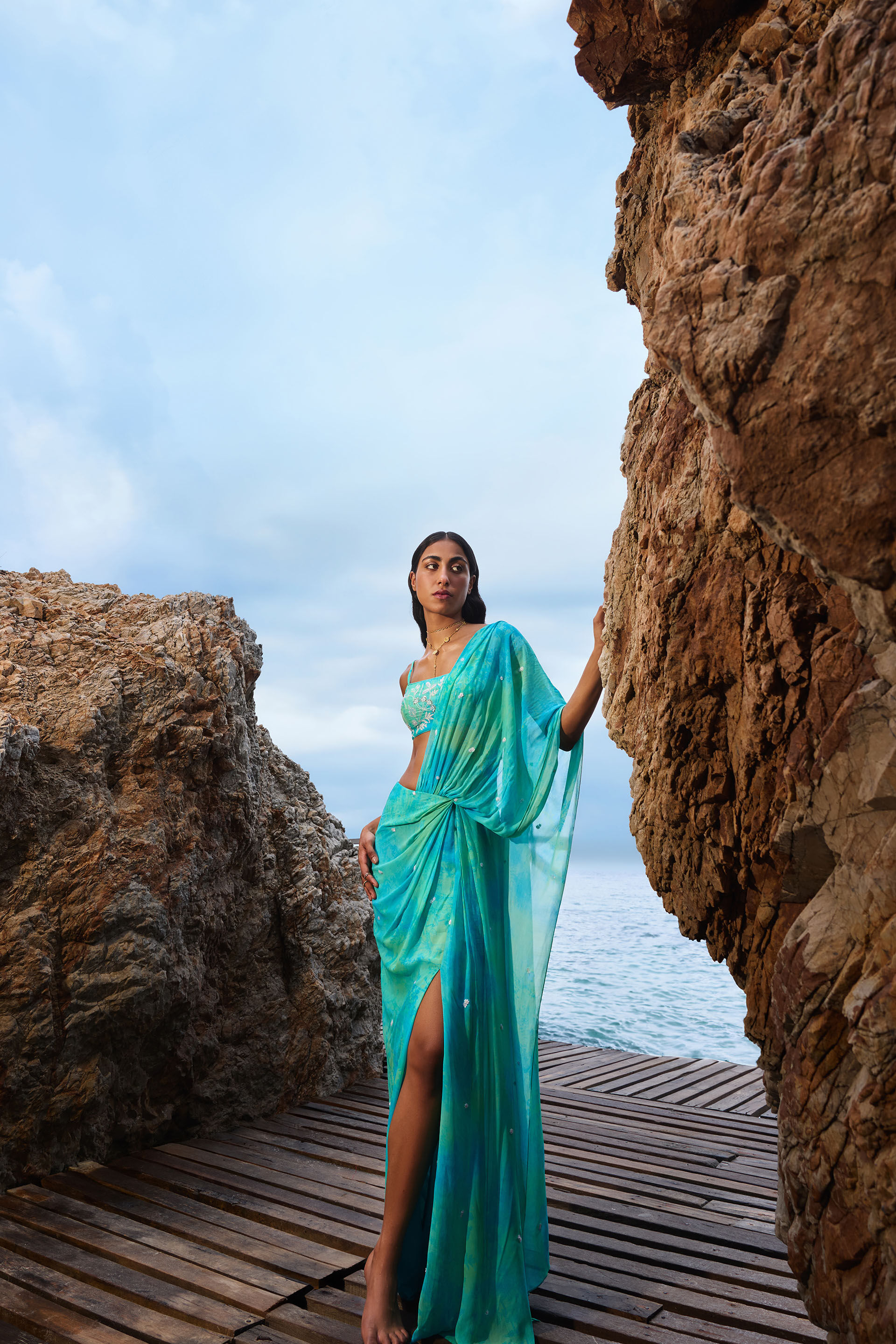 Praya Georgette Pre-draped Saree Set - Aqua, Aqua, image 3