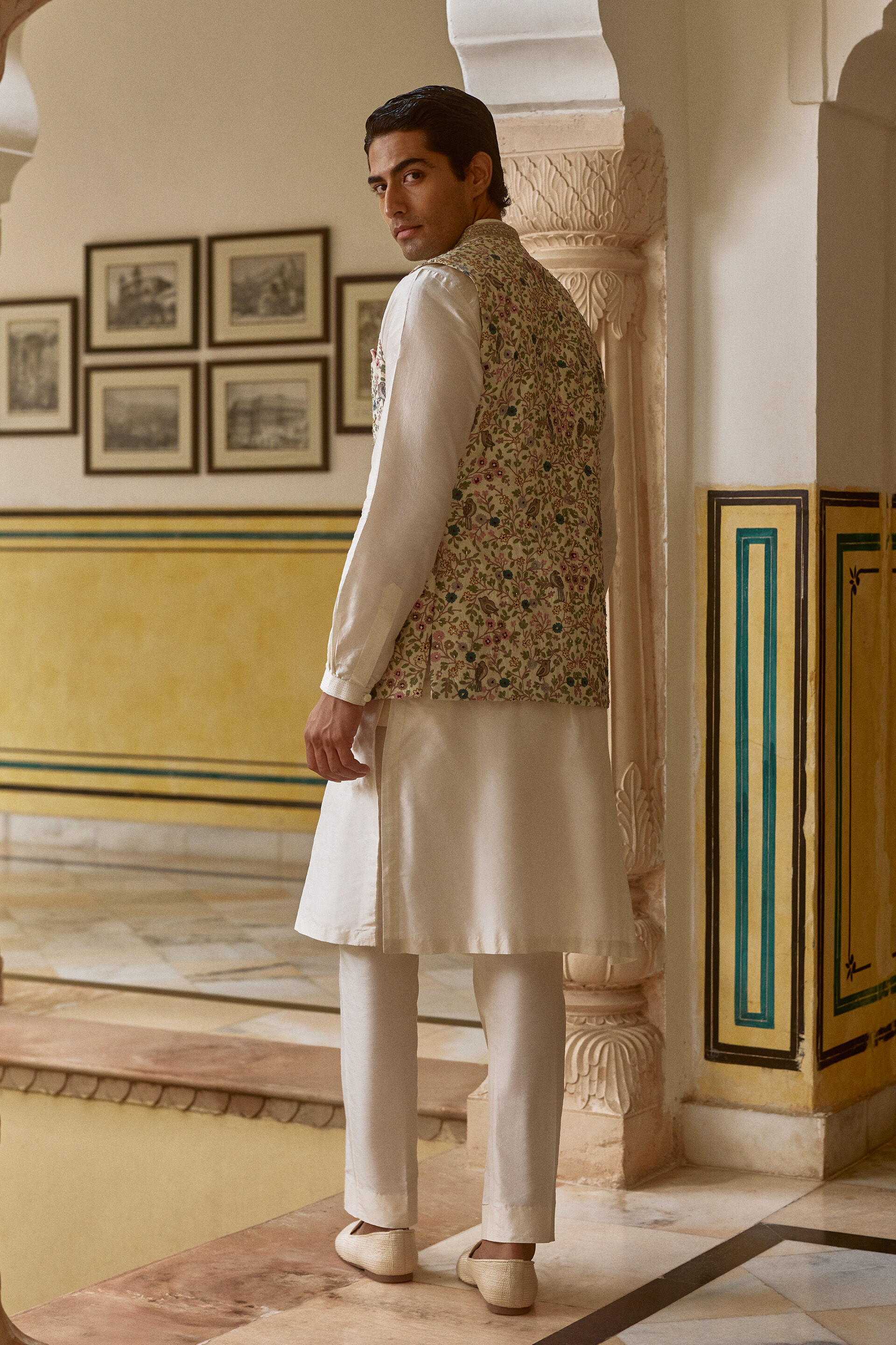 Avir Aari Embroidered Silk Nehru Jacket - Cream