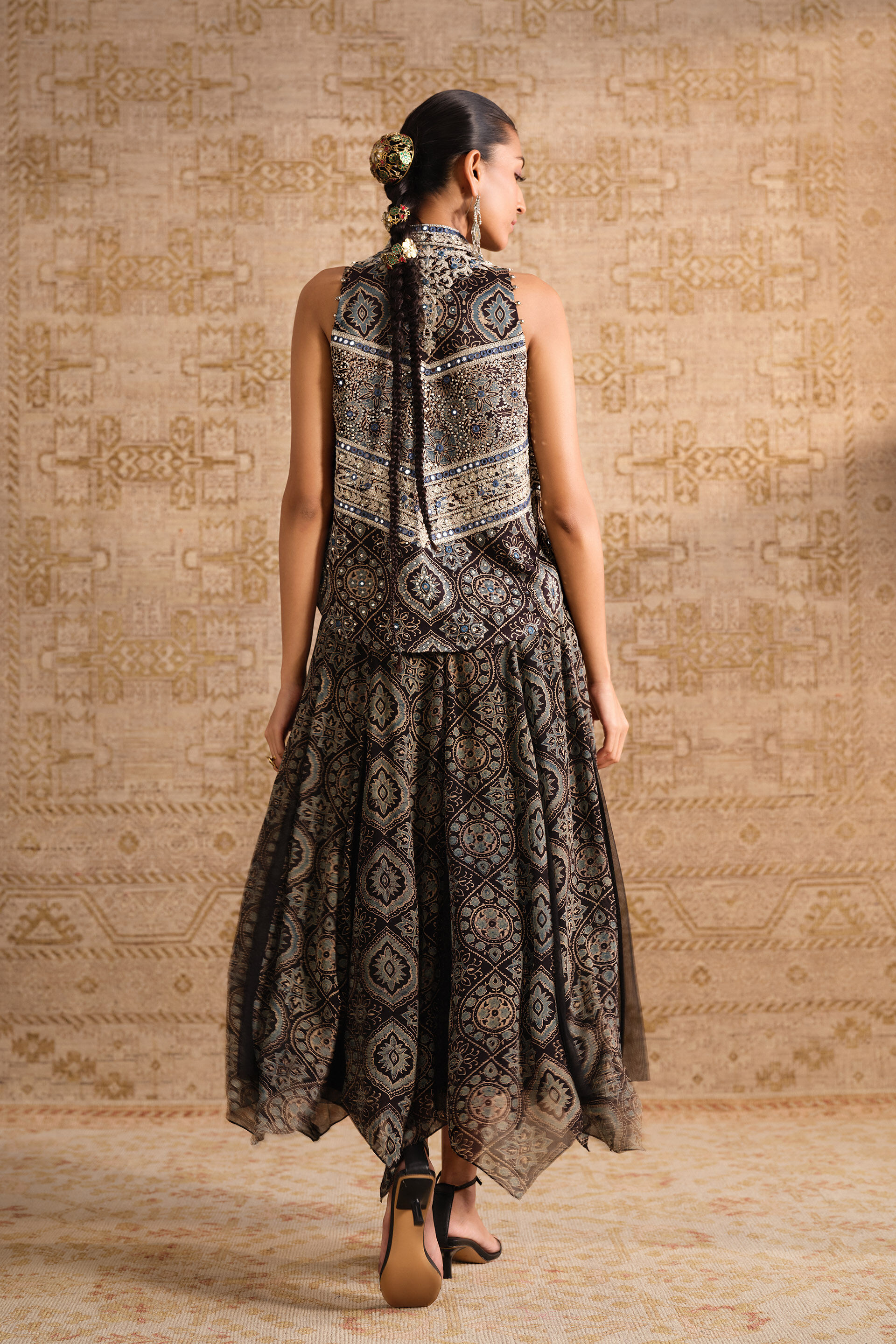 Prishni Ajrakh Hand-block Printed Jacket Set - Black
