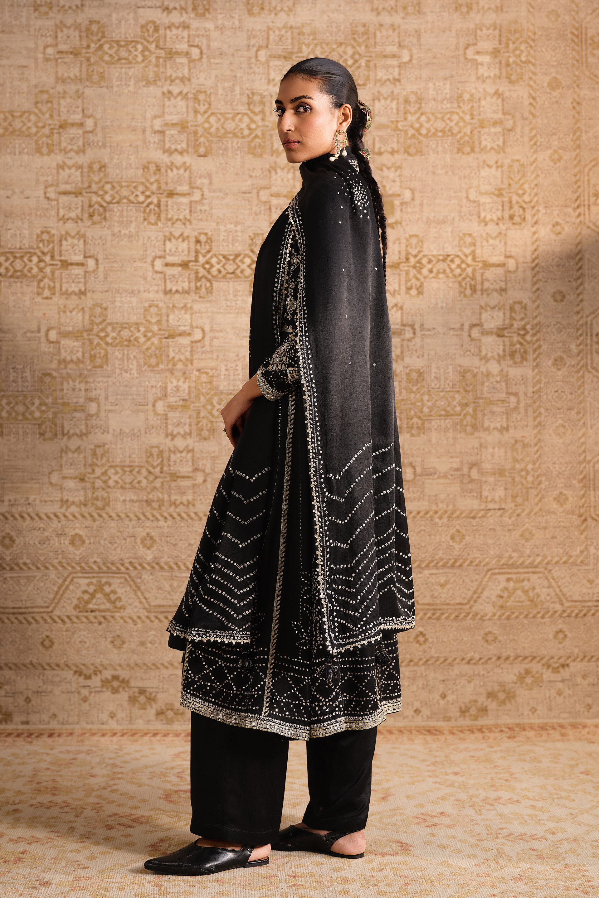 Niruhana Handcrafted Bandhani Silk Suit Set - Black, Black, image 3
