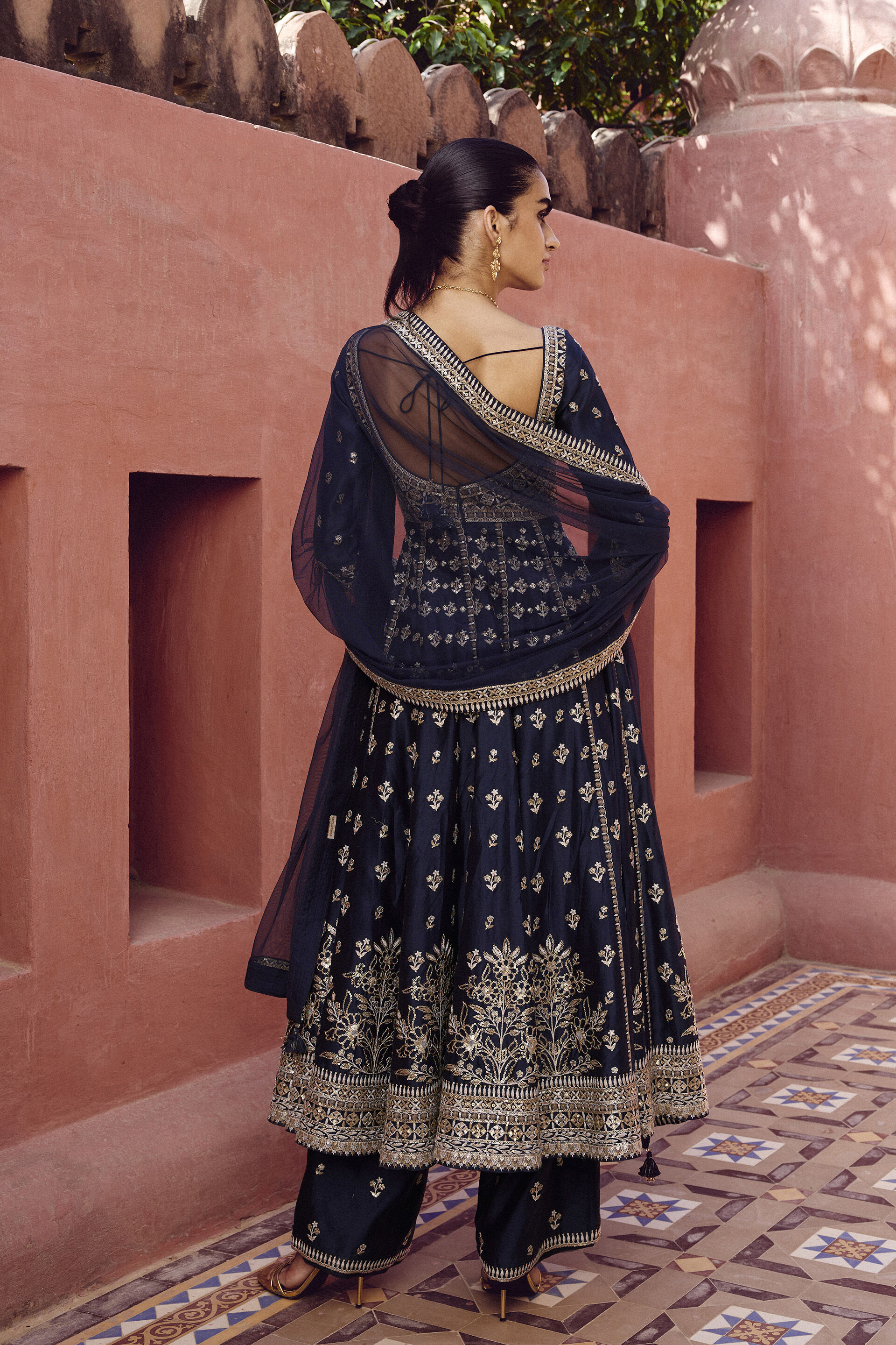 Triyama Embroidered Silk Anarkali Set - Blue