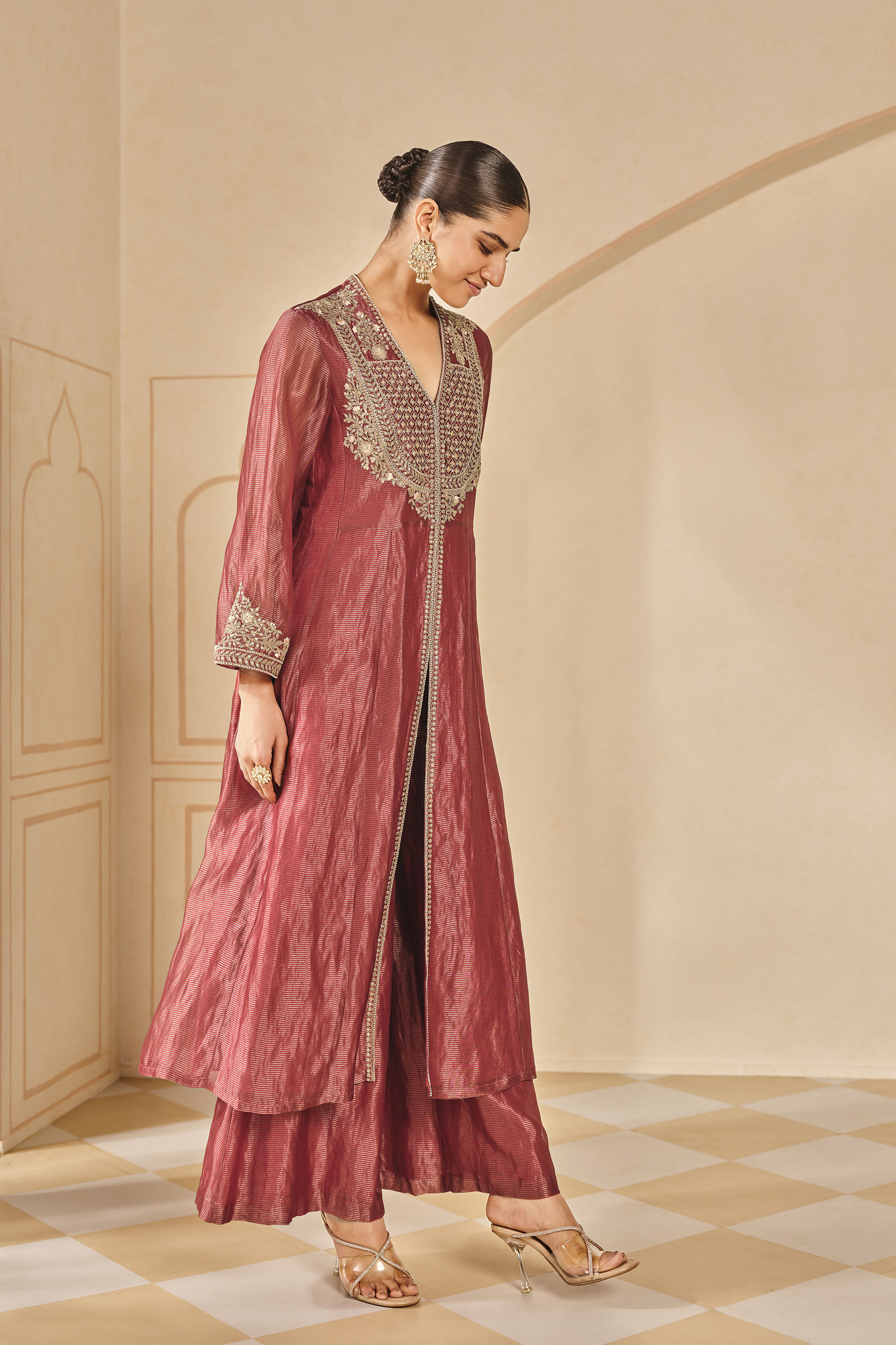 Azha Embroidered Zardozi Silk Jacket Set - Red, Red, image 3