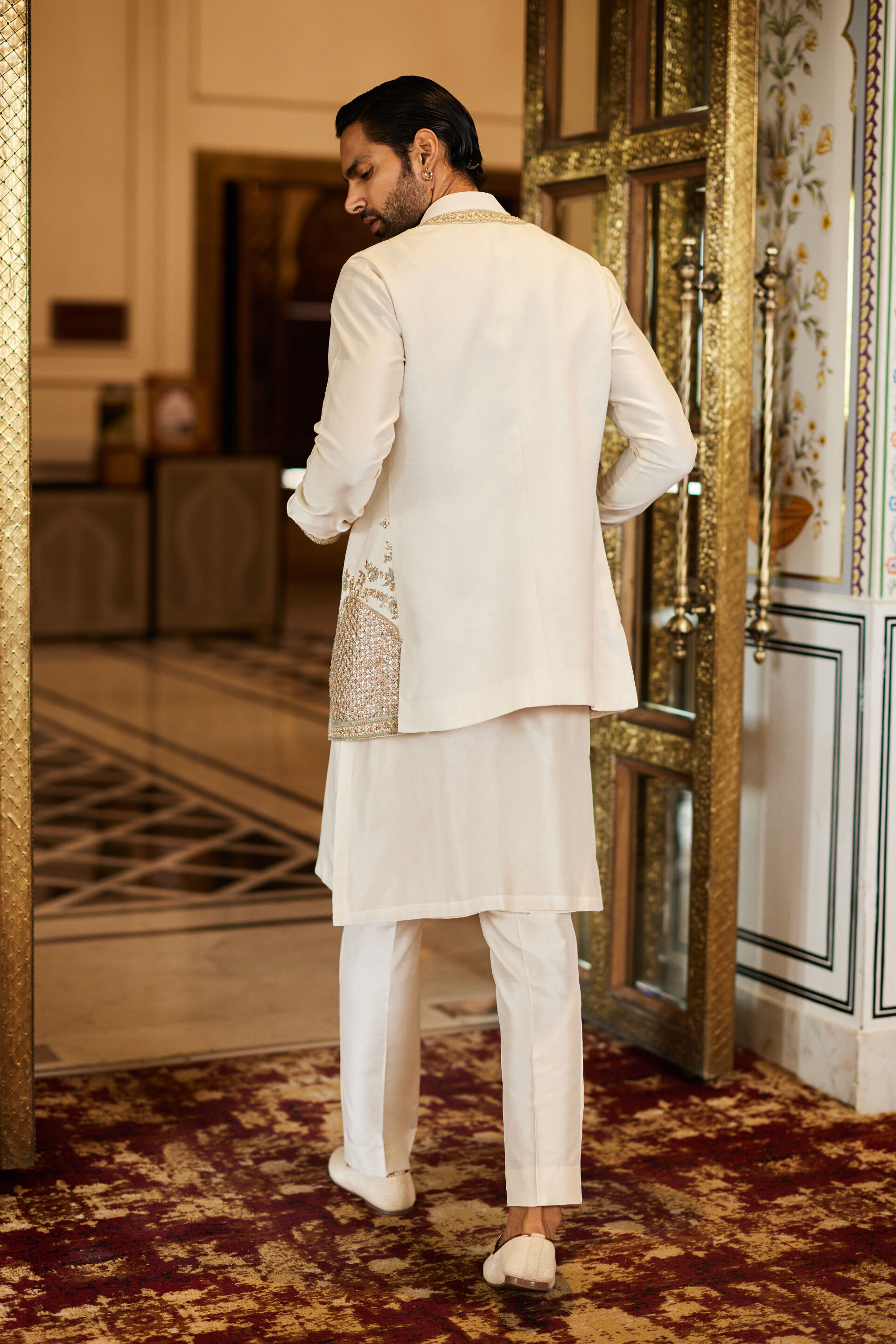 Saaket Gota Patti Silk Nehru Jacket - Ivory, Ivory, image 2